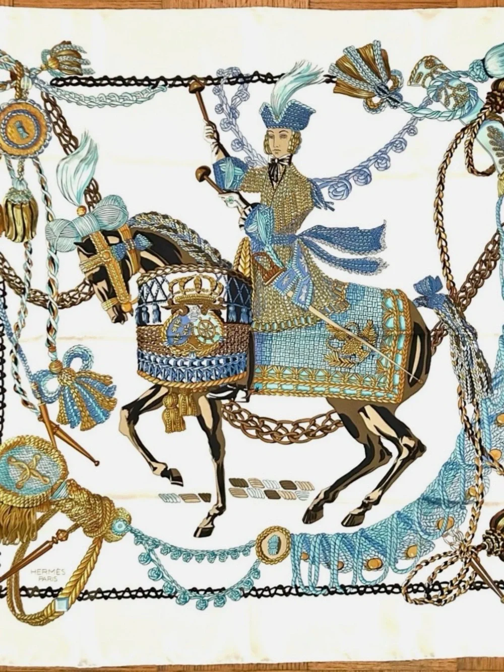 Hermes Blue, Gold and Brown Equestrian Motif Silk Scarf
